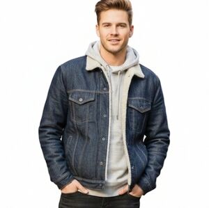 GAP Men's Dark Blue Denim Jacket with Cream Sherpa